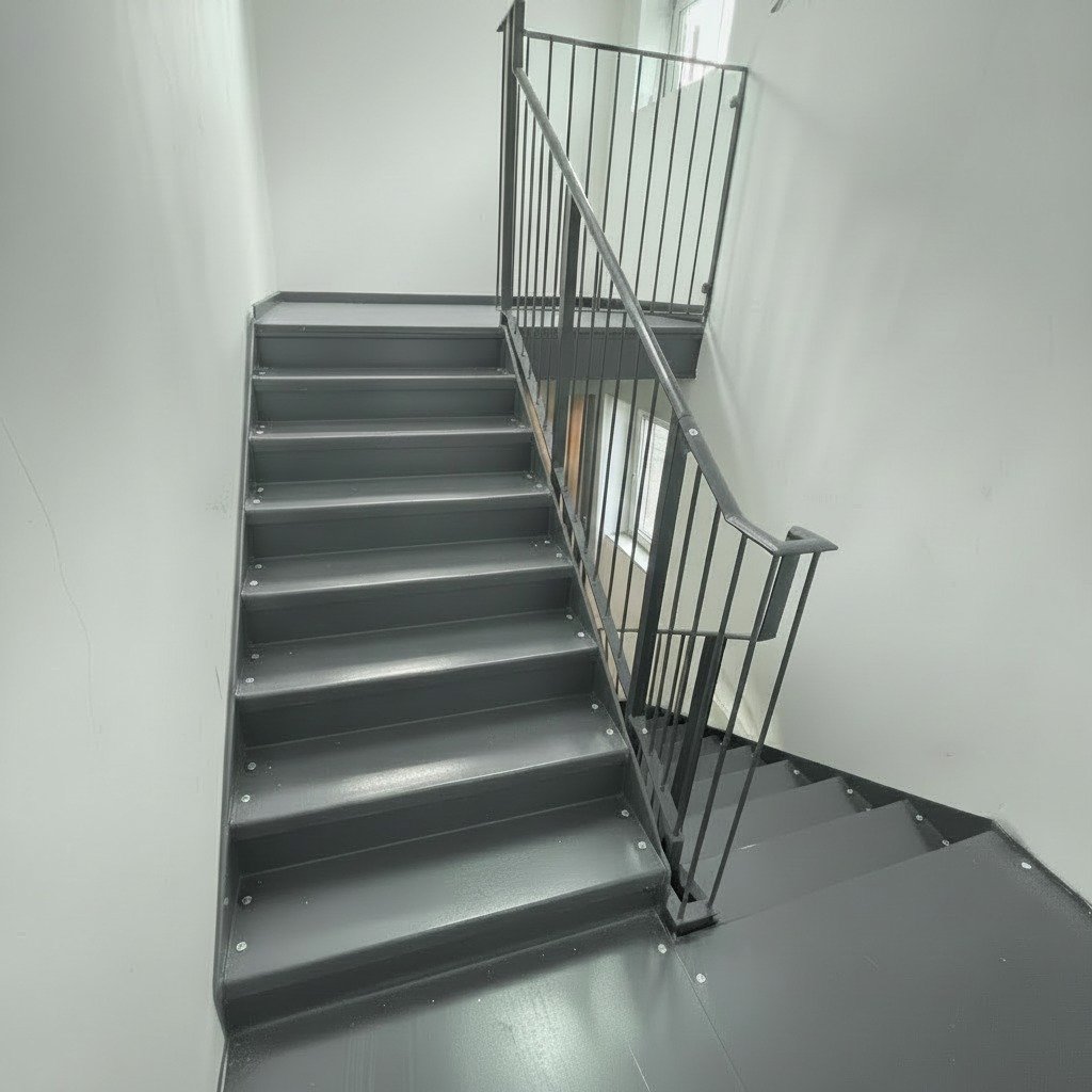 Grey powder-coated steel internal staircase with a half landing and vertical bar balustrade in a white stairwell